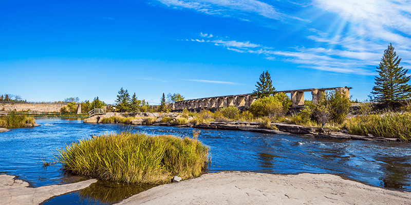 Old Pinawa Dam Park. Indian summer in Manitoba, Canada. The ruins of the old dam